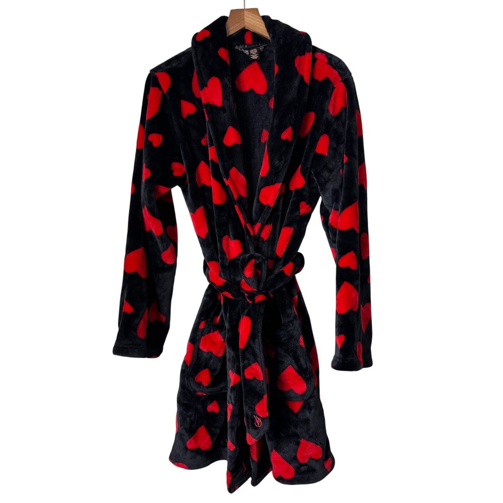 Victorias Secret Red Heart Print Plush Short Robe Black Fleece Womens XS S